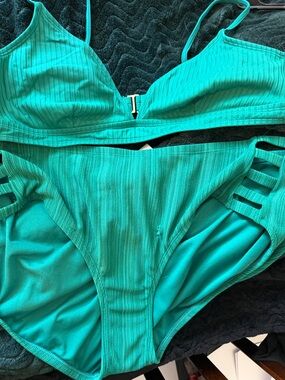 Time and Tru Teal Ribbed Bikini Set with Cutout Sides